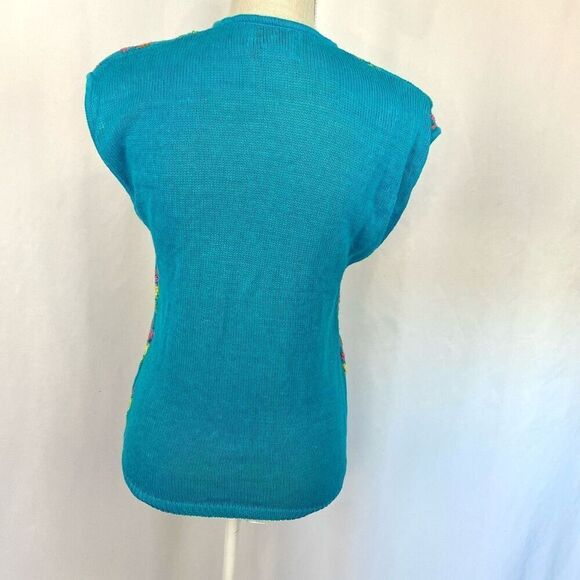 Rare Vintage 80s Collage Women’s M Blue Knit Sweater Vest Floral Pattern retro - Picture 2 of 6